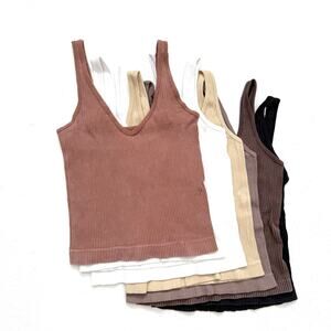 Aura Ribbed Knit Cropped Tank Top Bundle L/XL | Set of 7 Stretchy Soft Basics
